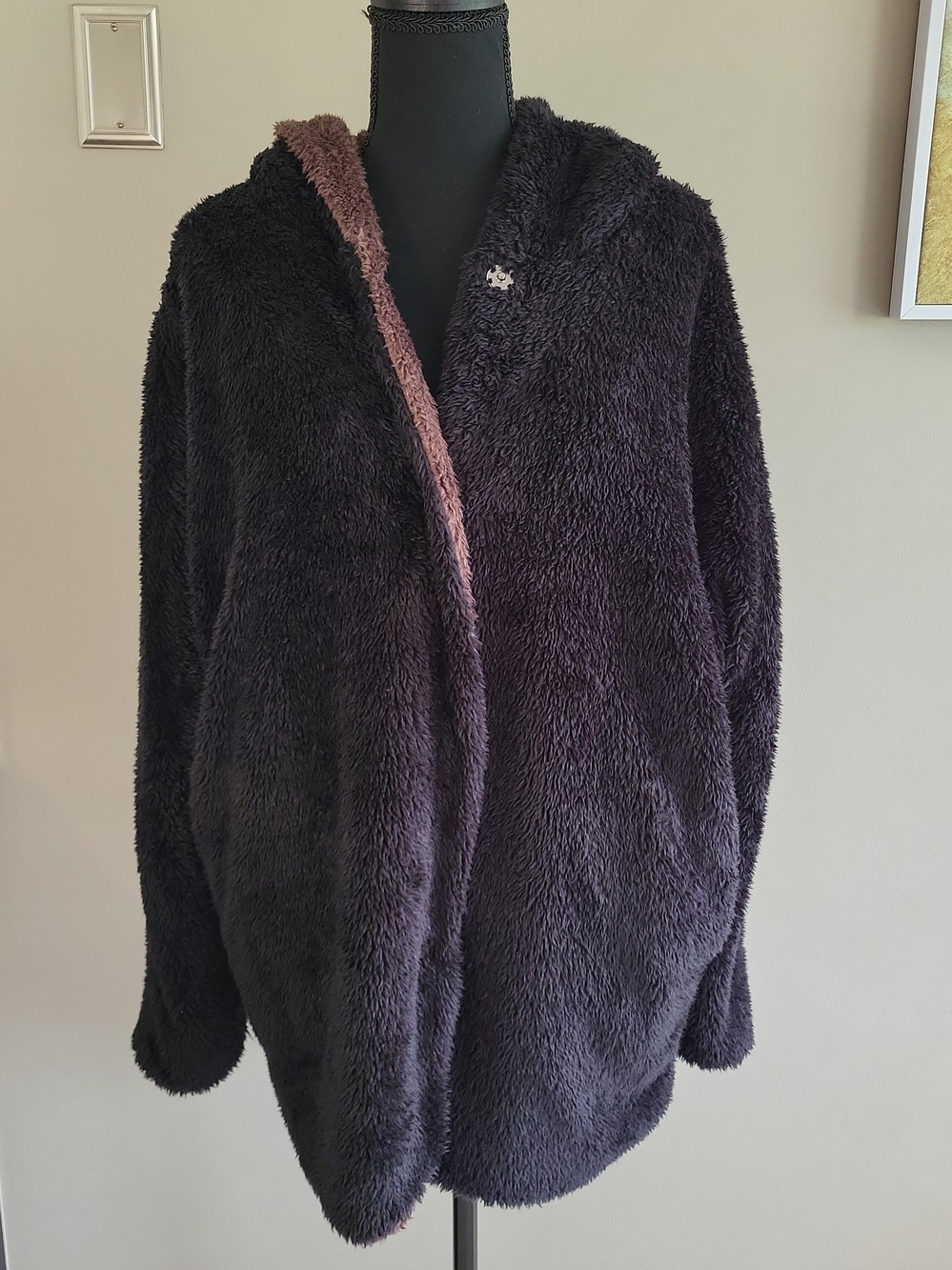 Workshop Republic M Black Brown Teddy Bear Coat Fuzzy Hooded Snap Oversized